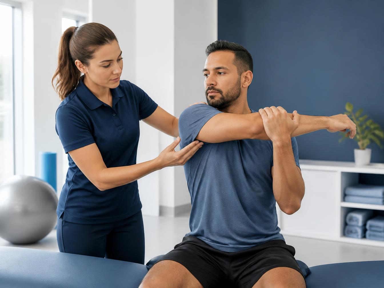 Physiothérapeute guidant un patient lors d'un exercice d'épaule dans une clinique moderne